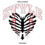 Design gráfico de camiseta streetwear com a palavra "STYLE" em destaque, acompanhada de um padrão de costelas estilizadas e detalhes em vermelho, transmitindo uma estética ousada e autêntica.