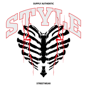 Design gráfico de camiseta streetwear com a palavra "STYLE" em destaque, acompanhada de um padrão de costelas estilizadas e detalhes em vermelho, transmitindo uma estética ousada e autêntica.
