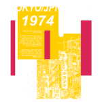 Imagem gráfica que apresenta informações sobre a cor #25caa2, incluindo seus valores RGB e CMYK, acompanhada de ilustrações de uma cena urbana de Tóquio em 1974. A composição utiliza cores vibrantes como amarelo e rosa, destacando elementos de design moderno e referências visuais à cultura japonesa.
