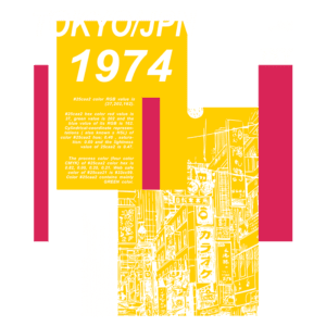 Imagem gráfica que apresenta informações sobre a cor #25caa2, incluindo seus valores RGB e CMYK, acompanhada de ilustrações de uma cena urbana de Tóquio em 1974. A composição utiliza cores vibrantes como amarelo e rosa, destacando elementos de design moderno e referências visuais à cultura japonesa.