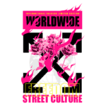 Design gráfico de moda urbana com o texto "WORLDWIDE", "FREEDOM" e "STREET CULTURE", adornado com rosas pink e elementos de fogo, representando uma edição limitada de moda internacional.
