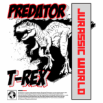 Ilustração do T-Rex, um dinossauro predador famoso do mundo Jurassic, com o título "Predator" em destaque. A arte destaca o corpo robusto e a cabeça icônica do T-Rex, enfatizando sua aparência ameaçadora.