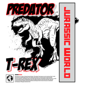 Ilustração do T-Rex, um dinossauro predador famoso do mundo Jurassic, com o título "Predator" em destaque. A arte destaca o corpo robusto e a cabeça icônica do T-Rex, enfatizando sua aparência ameaçadora.