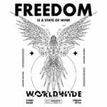 Design gráfico de uma camiseta com a frase "FREEDOM IS A STATE OF MIND" e uma ilustração de uma águia em estilo geométrico. O texto destaca "WORLDWIDE" e "LIMITED EDITION", enfatizando a moda streetwear e estilo urbano.
