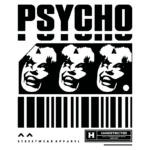 Design gráfico de camiseta streetwear com a palavra "PSYCHO" em destaque, acompanhada de três rostos sorridentes e uma estampa de código de barras, representando a marca "UNRESTRICTED".