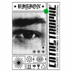 Ilustração em preto e verde com o texto "VISION" e "CATÁSTROFE", apresentando um olho humano estilizado e ícones gráficos relacionados a temas como ciência e natureza.
