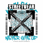 Design gráfico de camiseta de streetwear com a frase "NEVER GIVE UP" e elementos de inspiração urbana, destacando a importância da perseverança e da educação. Estilo moderno e ousado, ideal para amantes da moda streetwear.