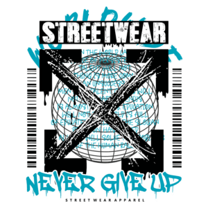 Design gráfico de camiseta de streetwear com a frase "NEVER GIVE UP" e elementos de inspiração urbana, destacando a importância da perseverança e da educação. Estilo moderno e ousado, ideal para amantes da moda streetwear.