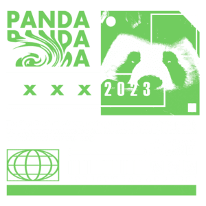 Imagem gráfica destacando o urso panda gigante, espécie endêmica da China, com design moderno e elementos de streetwear. O fundo verde e as letras em destaque enfatizam a aparência icônica do panda, caracterizado por seu pelo preto e branco.