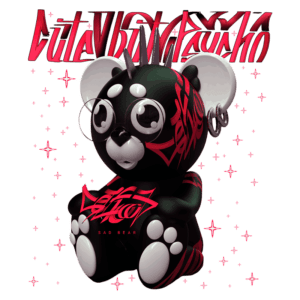 Urso de pelúcia estilizado, com pelagem preta e detalhes em vermelho, usando óculos e com um brinco. O fundo é verde com estrelas brilhantes, destacando a arte gráfica. Ideal para colecionadores de itens únicos e criativos.