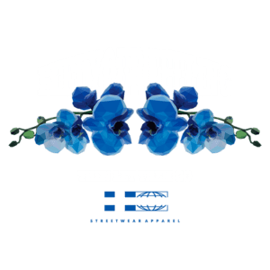 Design gráfico com flores azuis em estilo poligonal, acompanhado da frase "Feel Your Feeling Then Let Them Go" e o logotipo da marca de streetwear Worldwide. Ideal para moda urbana e expressões artísticas.