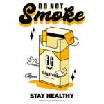 Ilustração de um maço de cigarros com um personagem sorridente, acompanhado do texto "Não Fume" e "Mantenha-se Saudável", promovendo uma mensagem contra o tabagismo.