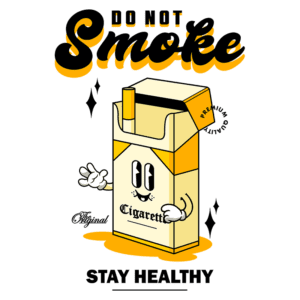 Ilustração de um maço de cigarros com um personagem sorridente, acompanhado do texto "Não Fume" e "Mantenha-se Saudável", promovendo uma mensagem contra o tabagismo.