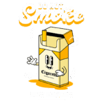 Ilustração de uma caixa de cigarro com um personagem sorridente, acompanhada de mensagens de prevenção ao tabagismo e promoção da saúde.