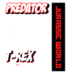 Imagem do T-Rex, um dos principais predadores do período Cretáceo, destacando sua importância na franquia Jurassic World. O design inclui elementos gráficos em preto e vermelho, com a palavra "Predator" em destaque.