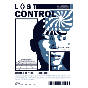 Arte digital com design moderno, apresentando a frase "Lost Control" em destaque. A imagem inclui elementos gráficos abstratos e uma figura estilizada de um rosto, simbolizando a liberdade e a expressão artística. Ideal para coleção de streetwear em edição limitada.