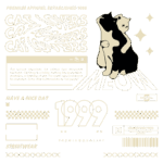 Imagem de design gráfico com ilustrações de gatos, texto sobre a cultura dos amantes de gatos e referências a vestuário premium, estabelecido em 1998. Inclui elementos de estilo de rua e uma mensagem positiva.