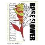 Imagem de uma rosa estilizada com um design futurista, destacando a flor em cores vibrantes e traços geométricos. Texto em destaque diz "Futuristic Rose Flower" e "Premium Quality". Ideal para produtos de moda ou decoração.