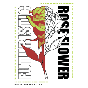 Imagem de uma rosa estilizada com um design futurista, destacando a flor em cores vibrantes e traços geométricos. Texto em destaque diz "Futuristic Rose Flower" e "Premium Quality". Ideal para produtos de moda ou decoração.