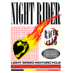 Imagem com design gráfico vibrante apresentando um capacete de motociclista em chamas, acompanhado de texto estilizado "NIGHT RIDER" e "LIGHT SPEED MOTORCYCLE", representando um clube de corrida. Ideal para entusiastas de motociclismo e cultura de velocidade.