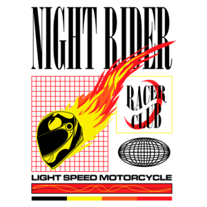 Imagem com design gráfico vibrante apresentando um capacete de motociclista em chamas, acompanhado de texto estilizado "NIGHT RIDER" e "LIGHT SPEED MOTORCYCLE", representando um clube de corrida. Ideal para entusiastas de motociclismo e cultura de velocidade.