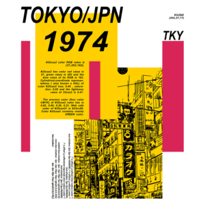 Imagem gráfica com o título "Tokyo/JPN 1974", apresentando informações sobre a cor #25caa2, incluindo seus valores RGB e hexadecimais, além de representações em coordenadas cilíndricas. A arte mostra uma ilustração estilizada da cidade de Tóquio, destacando elementos urbanos e letreiros em japonês, com cores vibrantes em amarelo, verde e rosa.