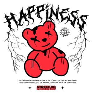 Imagem de um urso de pelúcia vermelho com um design estilizado, acompanhado da palavra "HAPPINESS" em letras góticas. O fundo apresenta elementos gráficos de raios e a marca "STREET.CO". A arte reflete uma mensagem sobre amor próprio e aceitação.