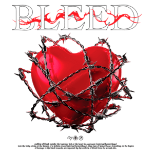 Coração vermelho envolto em arame farpado, simbolizando dor e vulnerabilidade, com a palavra "BLEED" destacada acima. A imagem evoca emoções intensas e a luta interna relacionada ao amor e ao sofrimento.