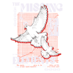 Imagem artística do projeto "The Missing Elements", apresentando pombos voando em um fundo de grade vermelha. O design inclui elementos textuais e gráficos, destacando a ideia de exploração e descoberta.