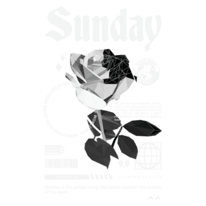 Imagem de uma rosa estilizada em formato geométrico, com a palavra "Sunday" em destaque. O design inclui elementos gráficos que simbolizam amizade e amor, com a menção de "edição limitada" e "qualidade premium". Ideal para representar temas de afeto e conexão.