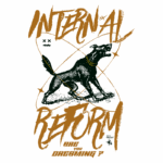 Imagem com um cão preto em destaque, acompanhado de um design gráfico que inclui as palavras "INTERNAL REFORM" e a pergunta "ARE YOU DREAMING?" em letras estilizadas. O fundo é simples, destacando a arte.