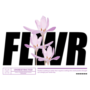 Imagem com flores lilás em estilo geométrico, acompanhadas da palavra "FLWR" em destaque. O design transmite uma mensagem positiva sobre a importância de pensamentos otimistas, com a frase "Positivo é melhor que negativo" e a marca "UNRESTRICTED". Ideal para temas de autoajuda e bem-estar.
