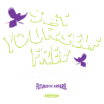 Texto alternativo: Design inspirador com a frase "Set Yourself Free" em letras grandes e coloridas, acompanhada de uma ave roxa. O fundo destaca a mensagem de acreditar em si mesmo e a importância da determinação e trabalho árduo, promovendo a marca de roupas "Futuristic Apparel".