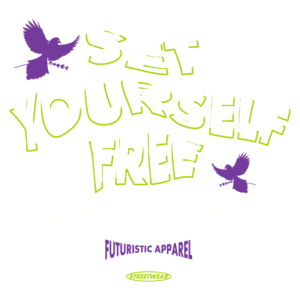 Texto alternativo: Design inspirador com a frase "Set Yourself Free" em letras grandes e coloridas, acompanhada de uma ave roxa. O fundo destaca a mensagem de acreditar em si mesmo e a importância da determinação e trabalho árduo, promovendo a marca de roupas "Futuristic Apparel".