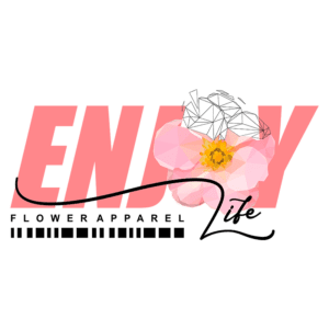 Logotipo da marca Enjoy Flower Apparel, apresentando um design moderno com a palavra "ENJOY" em destaque, acompanhada de uma flor estilizada em tons de rosa e amarelo, representando um estilo de vida alegre e vibrante.