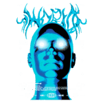 Imagem digital estilizada de um rosto humano em tons de azul, com elementos gráficos e texto que destacam o ano "2023". O design sugere uma fusão entre humano e máquina, refletindo temas de tecnologia e ciência. Inclui ícones relacionados a biotecnologia e um aviso sobre híbridos humanos-máquina.