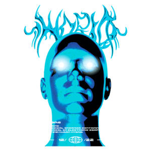 Imagem digital estilizada de um rosto humano em tons de azul, com elementos gráficos e texto que destacam o ano "2023". O design sugere uma fusão entre humano e máquina, refletindo temas de tecnologia e ciência. Inclui ícones relacionados a biotecnologia e um aviso sobre híbridos humanos-máquina.