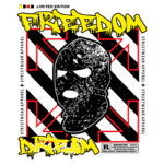 Design de camiseta streetwear em edição limitada, apresentando a palavra "FREEDOM" em estilo grafite, uma máscara estilizada e a palavra "DREAM". Ideal para fãs de moda urbana.