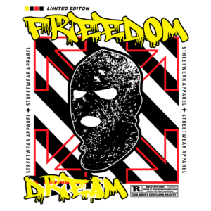 Design de camiseta streetwear em edição limitada, apresentando a palavra "FREEDOM" em estilo grafite, uma máscara estilizada e a palavra "DREAM". Ideal para fãs de moda urbana.