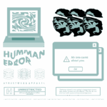 Imagem de design de camiseta streetwear com o tema "Erro Humano", apresentando um computador estilizado, rostos de figuras com vendas e mensagens de alerta sobre desinteresse e limitações sociais. Ideal para moda urbana e reflexões sobre a condição humana.