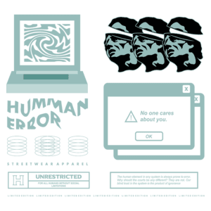 Imagem de design de camiseta streetwear com o tema "Erro Humano", apresentando um computador estilizado, rostos de figuras com vendas e mensagens de alerta sobre desinteresse e limitações sociais. Ideal para moda urbana e reflexões sobre a condição humana.
