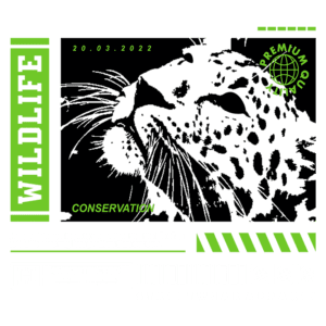 Imagem estilizada de um leopardo em preto e branco com texto sobre conservação e vida selvagem. Destaca a importância da proteção animal e a igualdade de valor entre vidas humanas e animais. Design moderno para vestuário streetwear com elementos gráficos em verde e branco.
