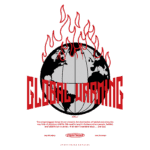 Imagem ilustrativa do aquecimento global, apresentando um globo terrestre com chamas vermelhas ao redor e o texto "GLOBAL WARMING". A arte destaca a urgência da questão ambiental e a necessidade de equilibrar a preservação da fauna e flora.