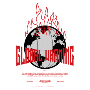 Imagem ilustrativa do aquecimento global, apresentando um globo terrestre com chamas vermelhas ao redor e o texto "GLOBAL WARMING". A arte destaca a urgência da questão ambiental e a necessidade de equilibrar a preservação da fauna e flora.