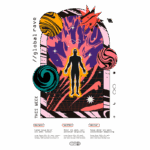 Arte digital vibrante promovendo um evento de rave global, com um humano estilizado no centro, rodeado por elementos cósmicos e planetas coloridos. Detalhes sobre programação semanal na parte inferior, incluindo datas e descrições.