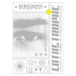 Imagem com design gráfico apresentando as palavras "VISION" e "CATASTROPHE", acompanhadas de ícones e elementos visuais abstratos, incluindo um olho estilizado e símbolos que representam diferentes conceitos, como reciclagem e comunicação. Ideal para temas relacionados à arte contemporânea e cultura visual.