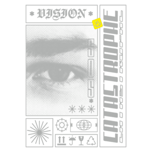 Imagem com design gráfico apresentando as palavras "VISION" e "CATASTROPHE", acompanhadas de ícones e elementos visuais abstratos, incluindo um olho estilizado e símbolos que representam diferentes conceitos, como reciclagem e comunicação. Ideal para temas relacionados à arte contemporânea e cultura visual.