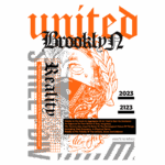 Arte gráfica com o título "United Brooklyn", destacando conceitos de realidade e a interconexão do universo. O design inclui ilustrações e tipografia ousada, com cores vibrantes, e apresenta informações sobre a natureza da realidade, datada de 2023 a 2123.