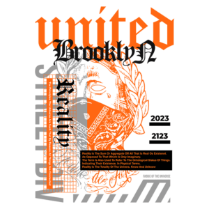 Arte gráfica com o título "United Brooklyn", destacando conceitos de realidade e a interconexão do universo. O design inclui ilustrações e tipografia ousada, com cores vibrantes, e apresenta informações sobre a natureza da realidade, datada de 2023 a 2123.
