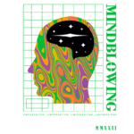 Imagem colorida com um design psicodélico que representa um perfil humano. O fundo possui elementos gráficos em verde e uma grade, enquanto o cérebro está destacado em preto com estrelas. Texto em destaque "MINDBLOWING" e "have a nice day" em estilo moderno. Ideal para produtos ou projetos de arte contemporânea e limitada.